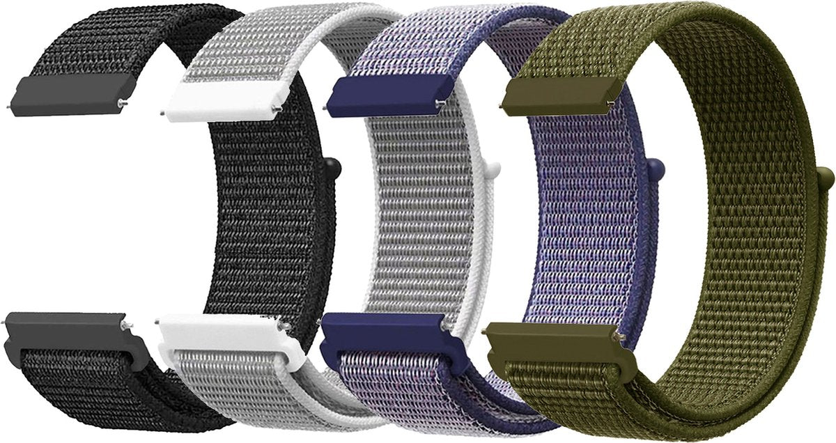 YONO Nylon Velcro Bandjes Set 20mm - Horlogebandjes geschikt voor Samsung Galaxy Watch 7/6/5 / Pro / 4 / 3 / Active 2 - Polar Ignite / Unite – Huawei - 4 Pack
