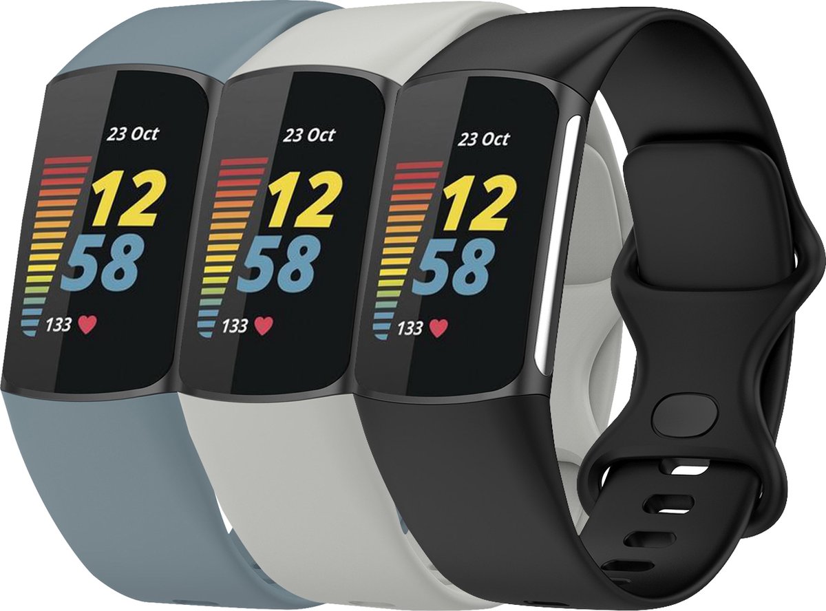 YONO Siliconen Bandjes geschikt voor Fitbit Charge 5 / 6 - 3-Pack - Leisteen – Grijs – Zwart - Small