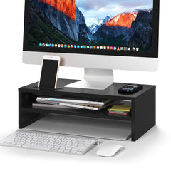 YONO Monitor Standaard - Beeldscherm Verhoger met Telefoon Houder - Bureau Organizer - Hout - Zwart