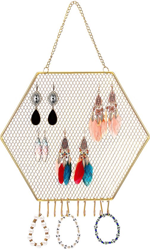 YONO Sieradenrekje Hexagoon - Hangend Rekje voor Opbergen Oorbellen / Ketting / Armband - Houder Display Rekje - Goud