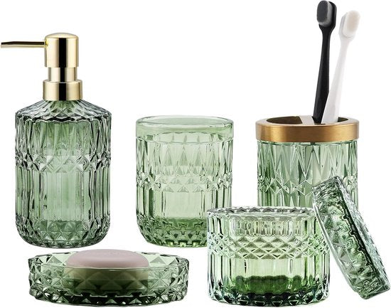 YONO Badkamer Accessoires Set - Gehard Glas - Zeeppompje - Zeepbakje - Tandenborstel Houder - Beker - Groen
