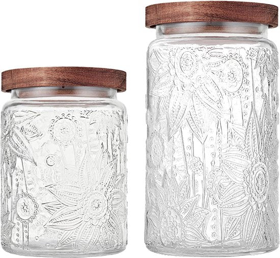 YONO Voorraadpotten Glas met Houten Deksel - Set van 2 - 700ml - 1000ml - Glazen Pot - Voorraadbussen