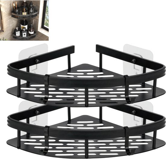 YONO Doucherek Hoek - Hangend zonder Boren - Zelfklevend Badkamer Rekje - 2 Laags - Zwart