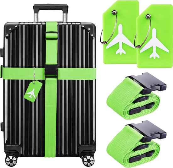 YONO Kofferriem met Kofferlabel - 2 Kofferband en 2 Bagagelabel - Dubbele Bagage Riem Verstelbaar - 4 Pack - Groen
