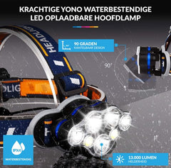 Hoofdlamp LED Oplaadbaar – Waterbestendig – 7 Hoofd Koplampen – Camping - Reis - Fiets - Verstelbaar