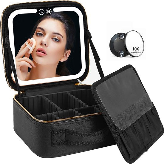 YONO Make Up Tas met Spiegel en Led - Organizer - Beautycase - Koffer - Dames - Meisje - Zwart