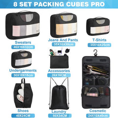 YONO Packing Cubes Set - Toilettas met Haak - Backpack Organizer - Koffer Organizers voor Kleding en Toiletspullen - Gymtas - 8-Delig - Zwart