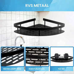 YONO Doucherek Hoek - Hangend zonder Boren - Zelfklevend Badkamer Rekje - 2 Laags - Zwart