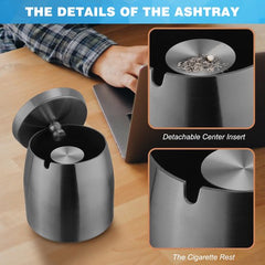 YONO Metalen Asbak met Deksel - voor Buiten en Binnen - RVS - Zwart