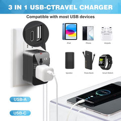 YONO Reisstekker - Wereldstekker Universeel - USB-C en USB-A Reis Adapter - 150+ Landen - Amerika USA - Zuid Amerika - Engeland UK - Azië - Europa - Afrika - Thailand - Type G A - Zwart