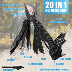YONO Multitool Zakmes 20in1 - Multifunctioneel Survival Mes en Tang - Gereedschap Outdoor - Jachtmes - RVS - Zwart