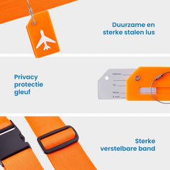 YONO Kofferriem met Kofferlabel - 2 Kofferband en 2 Bagagelabel - Dubbele Bagage Riem Verstelbaar - 4 Pack - Oranje