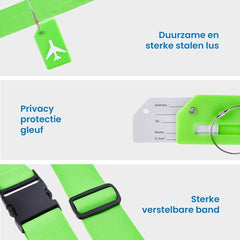 YONO Kofferriem met Kofferlabel - 2 Kofferband en 2 Bagagelabel - Dubbele Bagage Riem Verstelbaar - 4 Pack - Groen