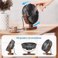 YONO Tafelventilator - USB Ventilator voor Tafel of Bureau - Kantelbaar - 3 Snelheden - Houtlook