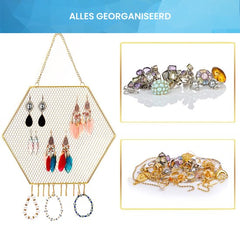 YONO Sieradenrekje Hexagoon - Hangend Rekje voor Opbergen Oorbellen / Ketting / Armband - Houder Display Rekje - Goud