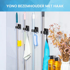 YONO Bezemhouder Ophangsysteem Zelfklevend - Bezem Houder met Haak - Haakjes 4 Stuks - Klem voor Stelen en Borstels - Plakhaakjes - Wandhaakjes - Tuingereedschap - Zwart