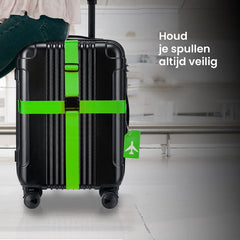 YONO Kofferriem met Kofferlabel - 2 Kofferband en 2 Bagagelabel - Dubbele Bagage Riem Verstelbaar - 4 Pack - Groen