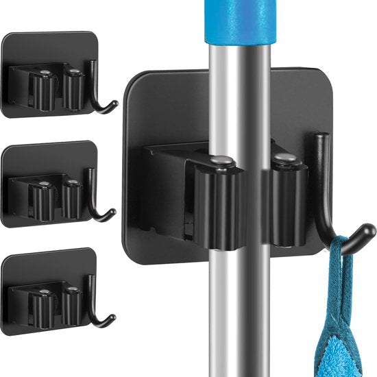 YONO Bezemhouder Ophangsysteem Zelfklevend - Bezem Houder met Haak - Haakjes 4 Stuks - Klem voor Stelen en Borstels - Plakhaakjes - Wandhaakjes - Tuingereedschap - Zwart