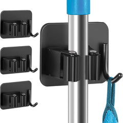 YONO Bezemhouder Ophangsysteem Zelfklevend - Bezem Houder met Haak - Haakjes 4 Stuks - Klem voor Stelen en Borstels - Plakhaakjes - Wandhaakjes - Tuingereedschap - Zwart