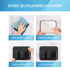 YONO Bezemhouder Ophangsysteem Zelfklevend - Bezem Houder met Haak - Haakjes 4 Stuks - Klem voor Stelen en Borstels - Plakhaakjes - Wandhaakjes - Tuingereedschap - Zwart