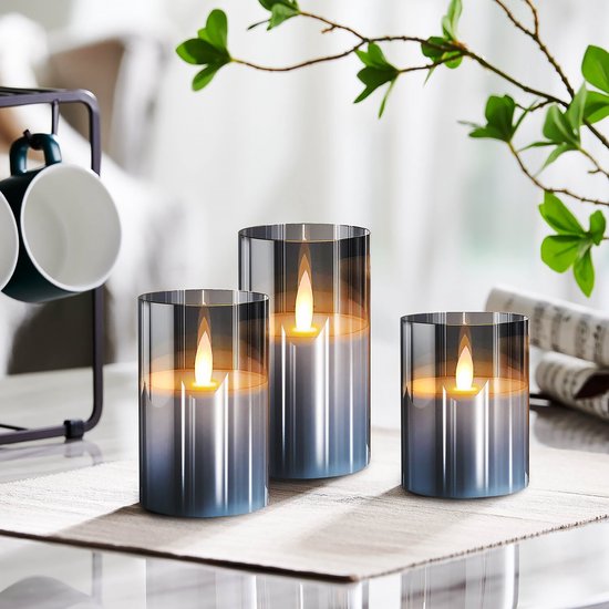 YONO Led Kaarsen met Bewegende Vlam - 3 Stuks - Afstandsbediening - Timer - Dimfunctie - Dinerkaarsen - Flikkerende Kaars op Batterijen - Rookglas