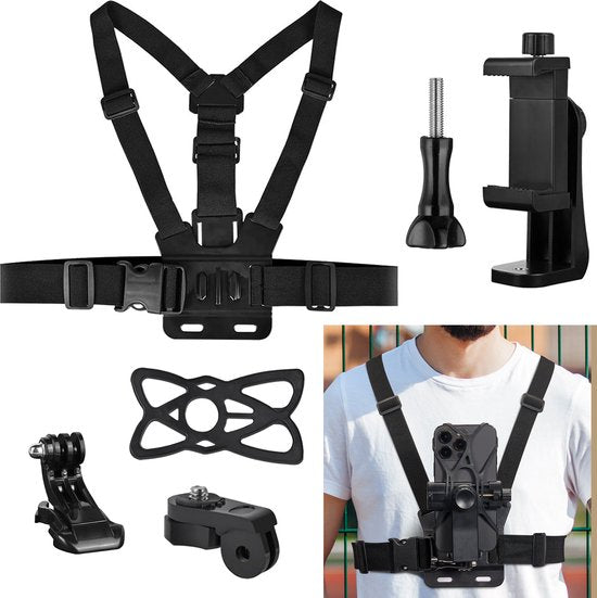 YONO Borstriem voor Telefoon - Chest Mount Smartphone Camera - Borstharnas geschikt voor GoPro - Borstband Stabalisator Strap - Zwart