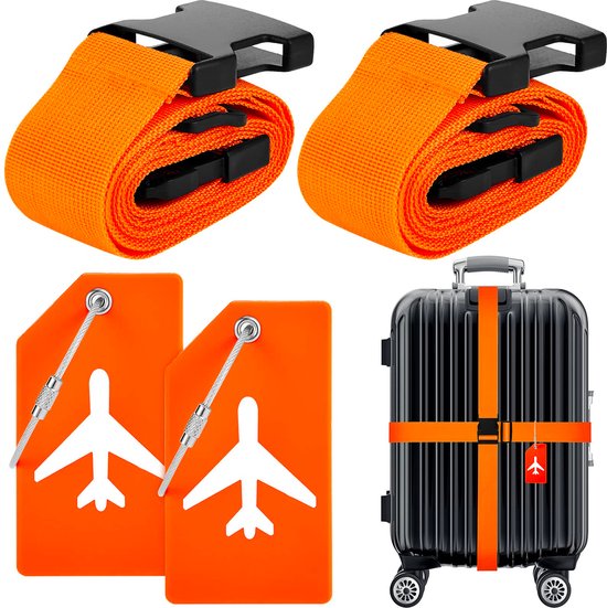 YONO Kofferriem met Kofferlabel - 2 Kofferband en 2 Bagagelabel - Dubbele Bagage Riem Verstelbaar - 4 Pack - Oranje