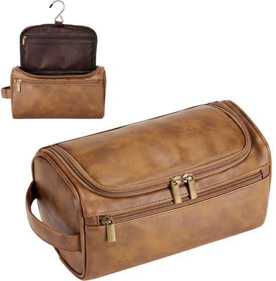 YONO Toilettas Heren - Toiletzak met Haak - Kunstleer - Travel Organizer Mannen - Bruin
