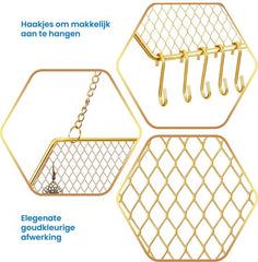 YONO Sieradenrekje Hexagoon - Hangend Rekje voor Opbergen Oorbellen / Ketting / Armband - Houder Display Rekje - Goud
