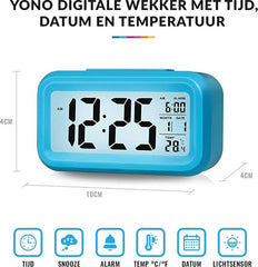 YONO Digitale Wekker - Alarm Klok met Temperatuur, Kalender en LED Verlichting - Blauw