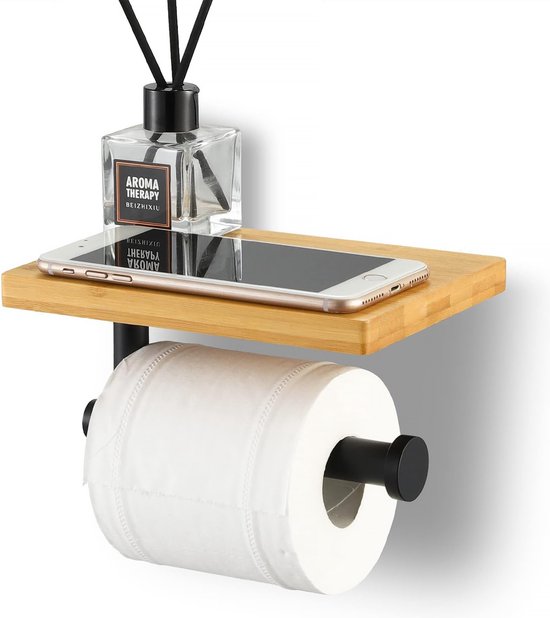 YONO Toiletrolhouder met Plankje - WC Rolhouder Zonder Boren - Toiletpapierhouder - RVS en Hout - Zwart