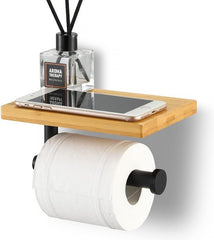 YONO Toiletrolhouder met Plankje - WC Rolhouder Zonder Boren - Toiletpapierhouder - RVS en Hout - Zwart