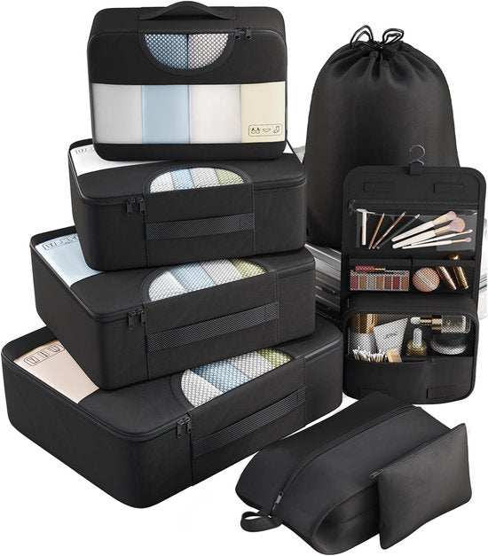 YONO Packing Cubes Set - Toilettas met Haak - Backpack Organizer - Koffer Organizers voor Kleding en Toiletspullen - Gymtas - 8-Delig - Zwart