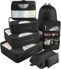 YONO Packing Cubes Set - Toilettas met Haak - Backpack Organizer - Koffer Organizers voor Kleding en Toiletspullen - Gymtas - 8-Delig - Zwart