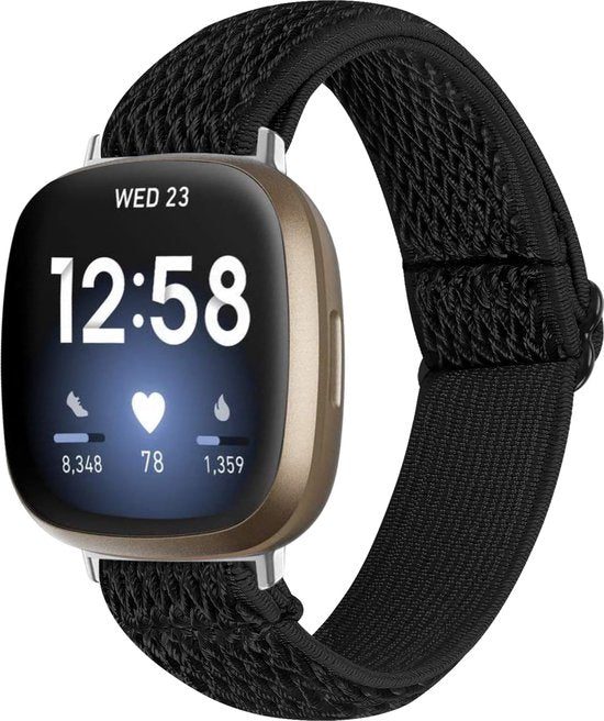 YONO Nylon Stretch Bandje geschikt voor Fitbit Versa 4 / Sense 2 - Vervangende Stoffen Armband - Zwart