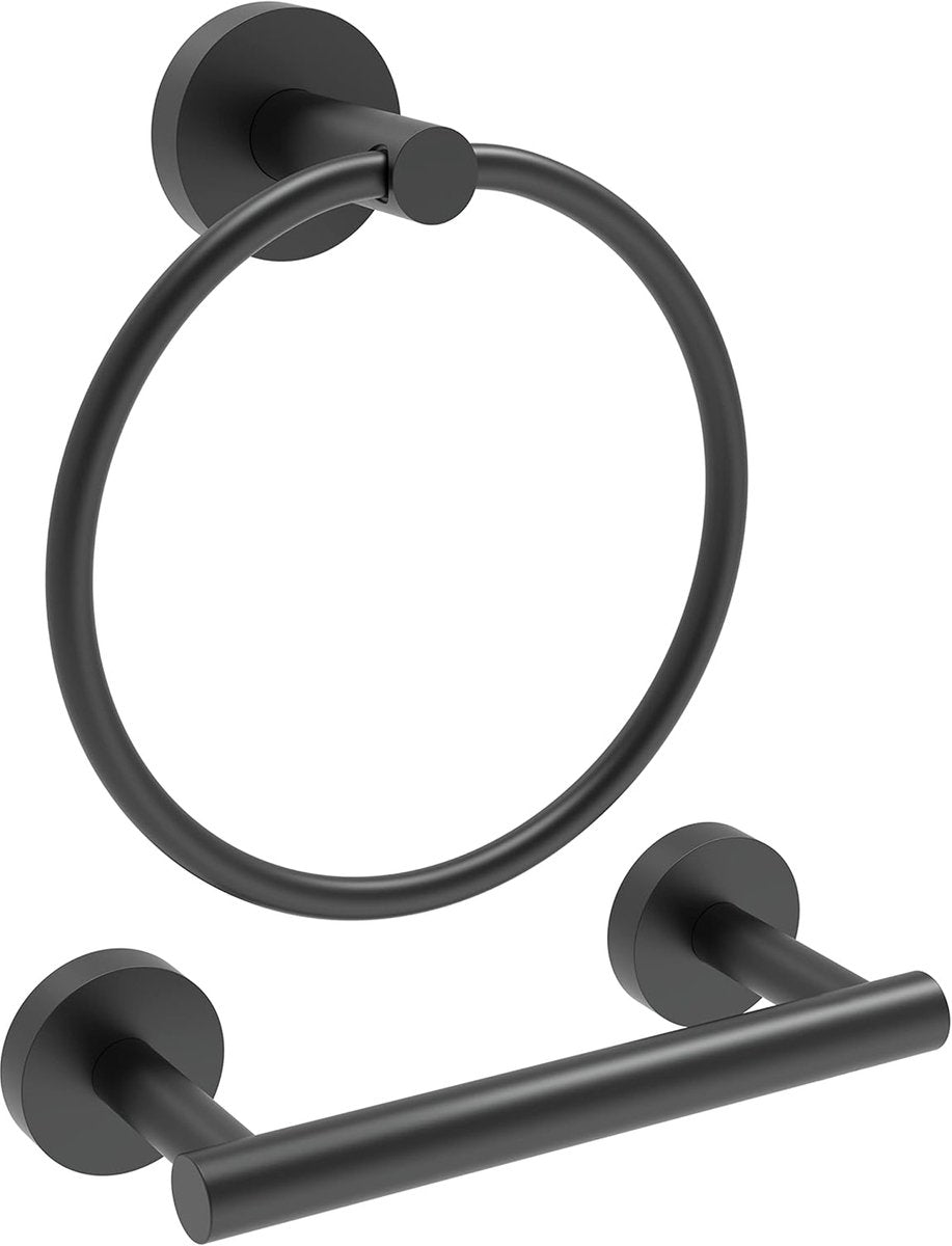 YONO Handdoekhouder en WC Rolhouder - RVS - Handdoekring - Badkamer Houder Accessoires - Toiletrolhouder Handdoekrek - Set van 2 - Mat Zwart