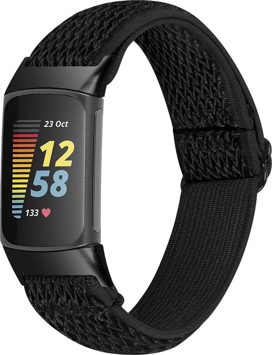 YONO Nylon Stretch Bandje geschikt voor Fitbit Charge 5 / 6 - Vervangende Pols Band - Zwart