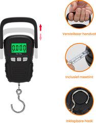 YONO Kofferweegschaal met Meetlint - Hangweegschaal tot 50kg - Bagageweegschaal - Bagageweger - Luggage Scale - Vis Weegschaal - Inclusief Batterijen en Rolmaat 120cm - Zwart