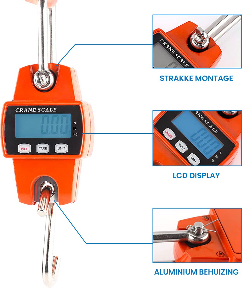 YONO Digitale Weeghaak - Kraanweegschaal 300 kg / 100 g - RVS Hang Weegschaal - Oranje