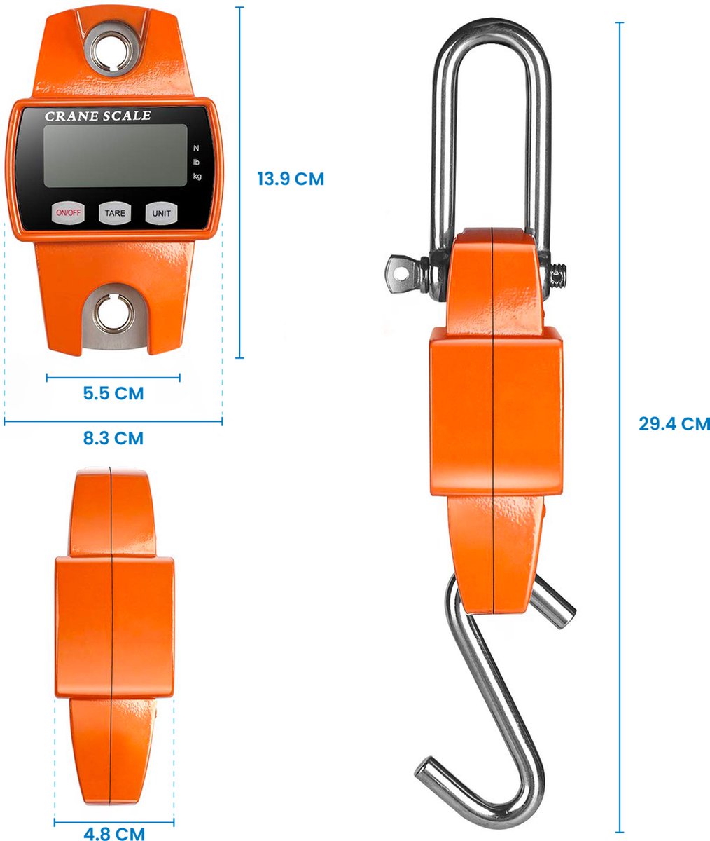 YONO Digitale Weeghaak - Kraanweegschaal 300 kg / 100 g - RVS Hang Weegschaal - Oranje