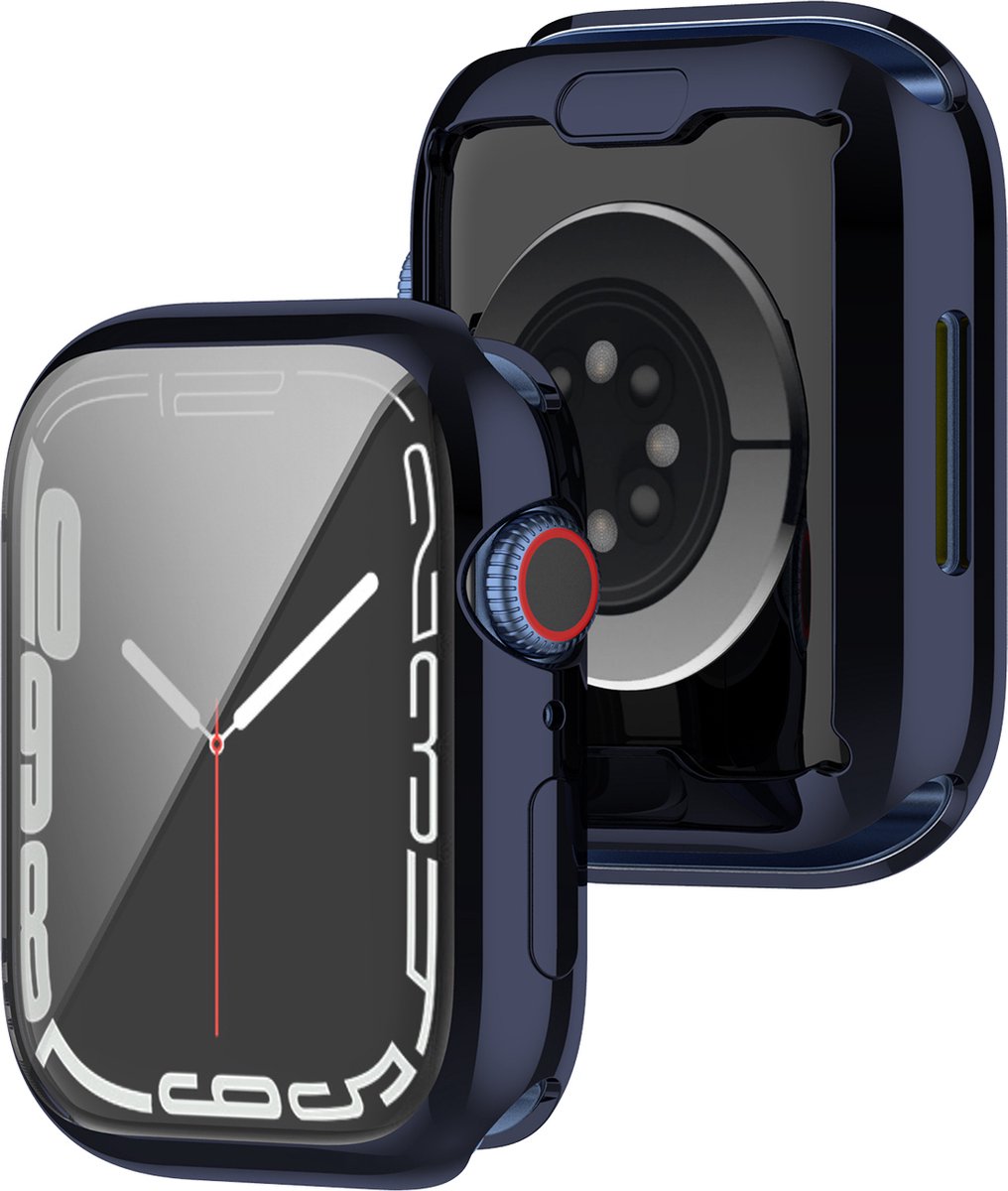 YONO Full Cover Bumper geschikt voor Apple Watch Series 7 / 8 / 9 (45 mm) - Screen Protector Hoesje iWatch - Donkerblauw