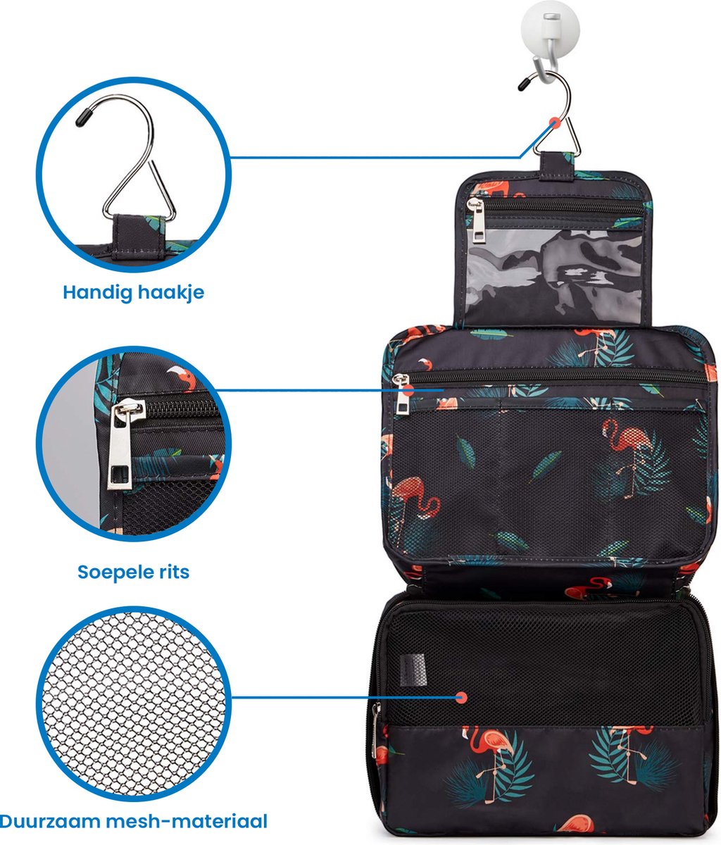 YONO Reis Toilettas Hangend met Haak - Geschikt voor Beauty, Make Up en Toiletartikelen – Travel Organizer – Cosmetica Tas voor Dames en Heren - Flamingo Zwart