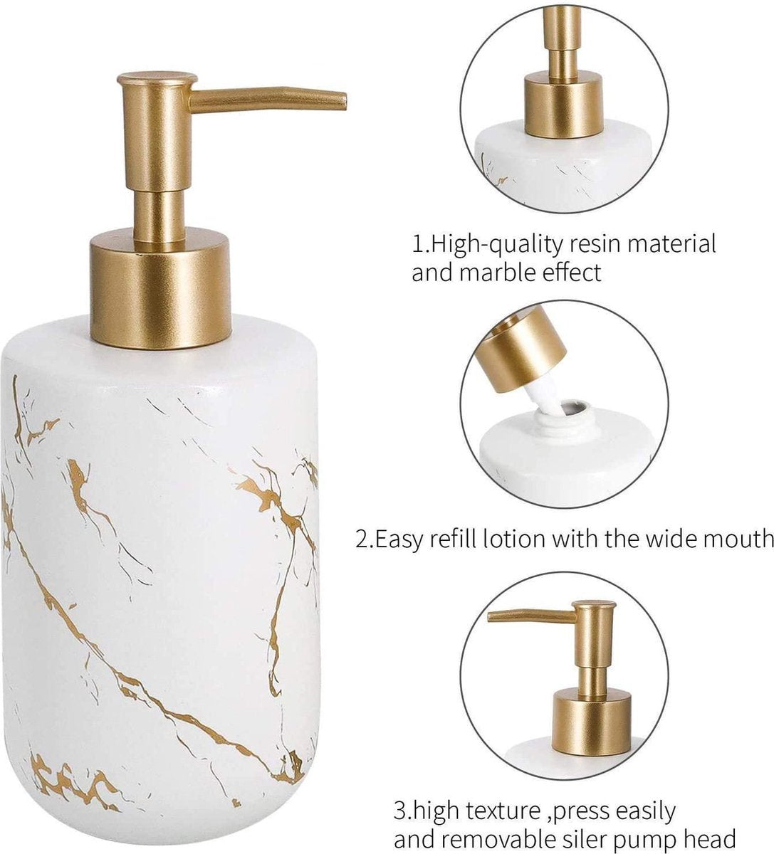 YONO Zeeppompje Vrijstaand Marmer Look - Zeepdispenser 400ml - Keramiek - Wit en Goud