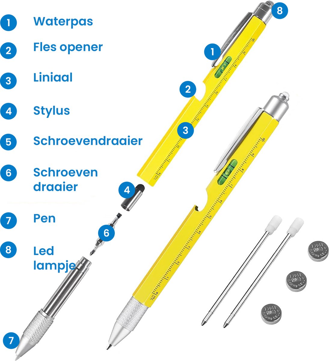 YONO Multitool Pen - Liniaal - Waterpas - Schroevendraaier - Zaklamp - Opener - Stylus - 9in1