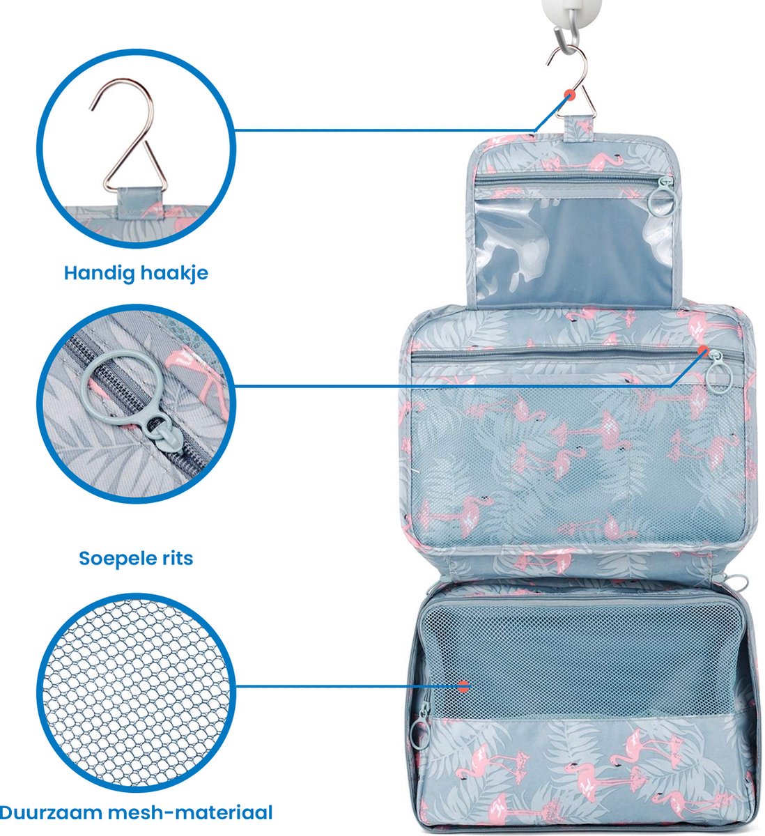 YONO Reis Toilettas Hangend met Haak - Geschikt voor Beauty, Make Up en Toiletartikelen – Travel Organizer – Cosmetica Tas voor Dames en Heren - Flamingo Blauw