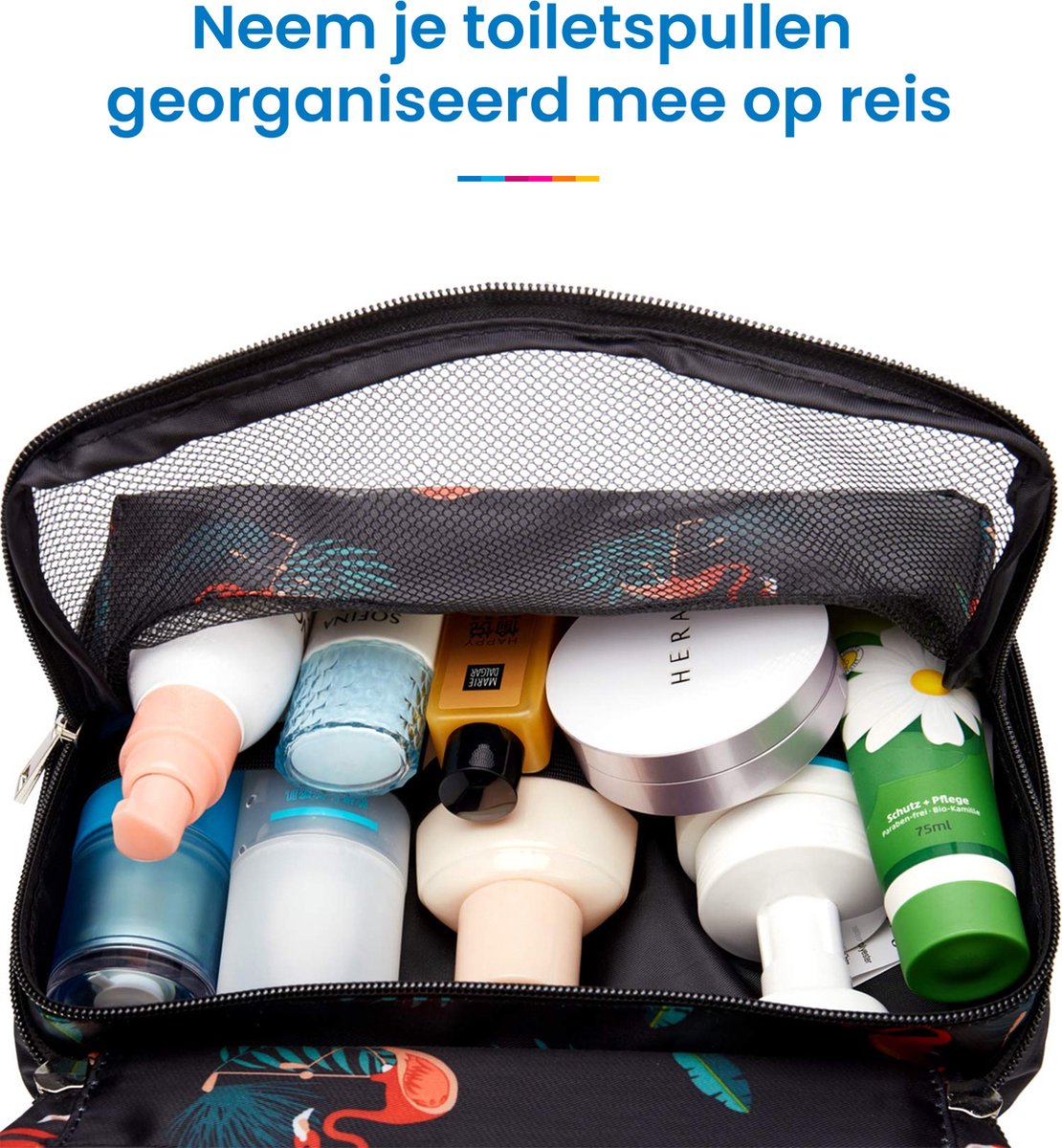 YONO Reis Toilettas Hangend met Haak - Geschikt voor Beauty, Make Up en Toiletartikelen – Travel Organizer – Cosmetica Tas voor Dames en Heren - Flamingo Zwart