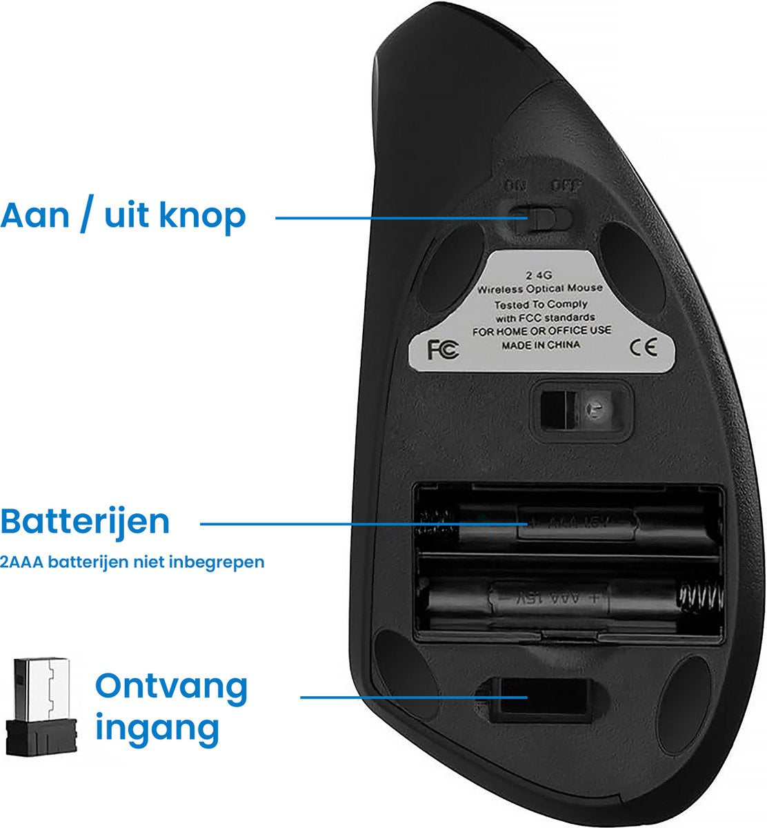 YONO Ergonomische Muis Linkshandig – Verticale Laptop en Computermuis – Draadloos met USB Connector - Zwart
