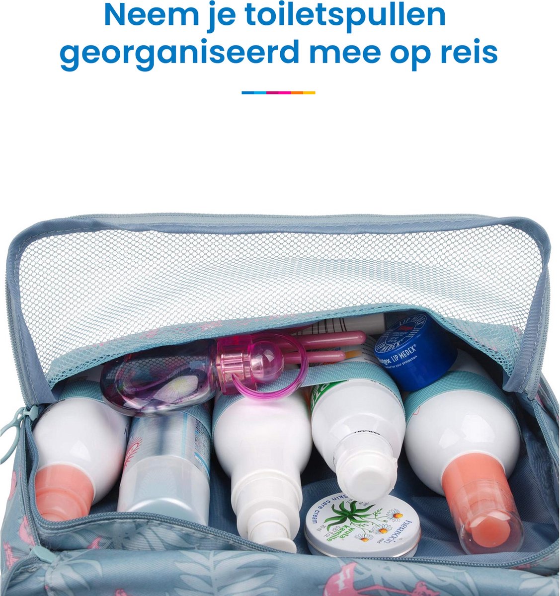 YONO Reis Toilettas Hangend met Haak - Geschikt voor Beauty, Make Up en Toiletartikelen – Travel Organizer – Cosmetica Tas voor Dames en Heren - Flamingo Blauw