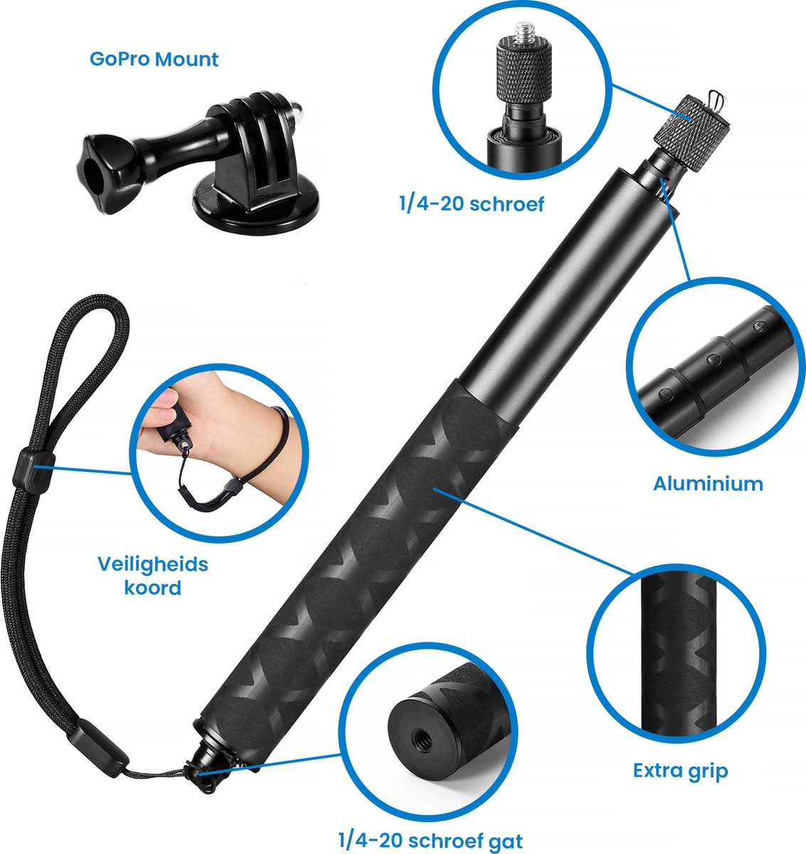 YONO Premium Stick geschikt voor GoPro / DJI Osmo / Insta360 - Onzichtbare Selfie Pole Mount Accessoires Waterproof - Uitschuifbaar tot 120cm - Zwart