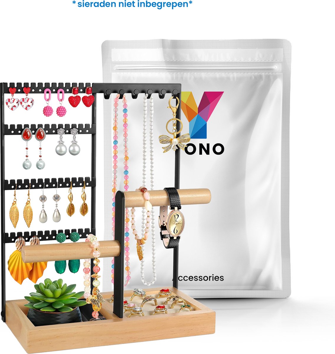 YONO Sieradenrekje Organizer - Houder Display voor Oorbellen / Kettingen / Armbanden Opbergen - Hout en RVS - Zwart